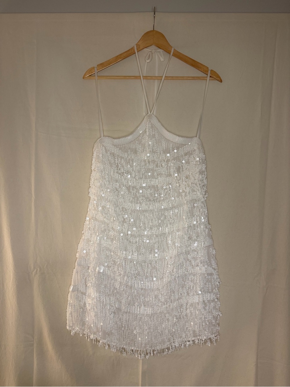 B Darlin White Sequin Halter Mini Dress with Fringe